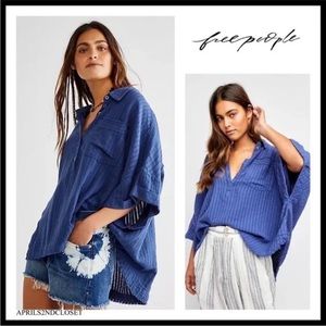 ✨️NWOT! Free People Ava Blue Striped Button Down Short Sleeve Top!